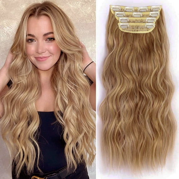 Clip in Long Wavy Synthetic Hair Extension 20 Inch Dirty Blonde 4PCS Thick Hairpieces Fiber Double Weft Hair for Women