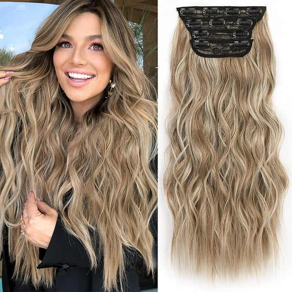 Clip in Long Wavy Synthetic Hair Extension 20 Inch Light Brown Mixed Blonde 4PCS Thick Hairpieces Fiber Double Weft Hair for Women