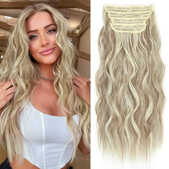 Clip in Long Wavy Synthetic Hair Extension 20 Inch Medium Ash Blonde 4PCS Thick Hairpieces Fiber Double Weft Hair for Women