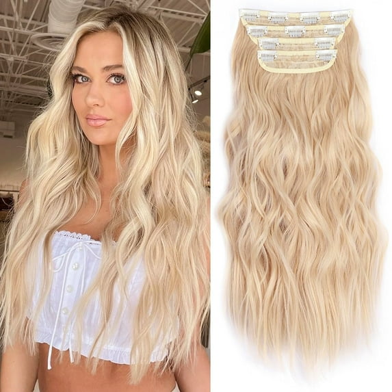 Clip in Long Wavy Synthetic Hair Extension 24 Inch Blonde 4PCS Thick Hairpieces Fiber Double Weft Hair for Women