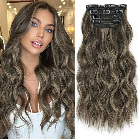 Clip in Long Wavy Synthetic Hair Extension 24 Inch Dark Brown Mixed Blonde 4PCS Thick Hairpieces Fiber Double Weft Hair for Women