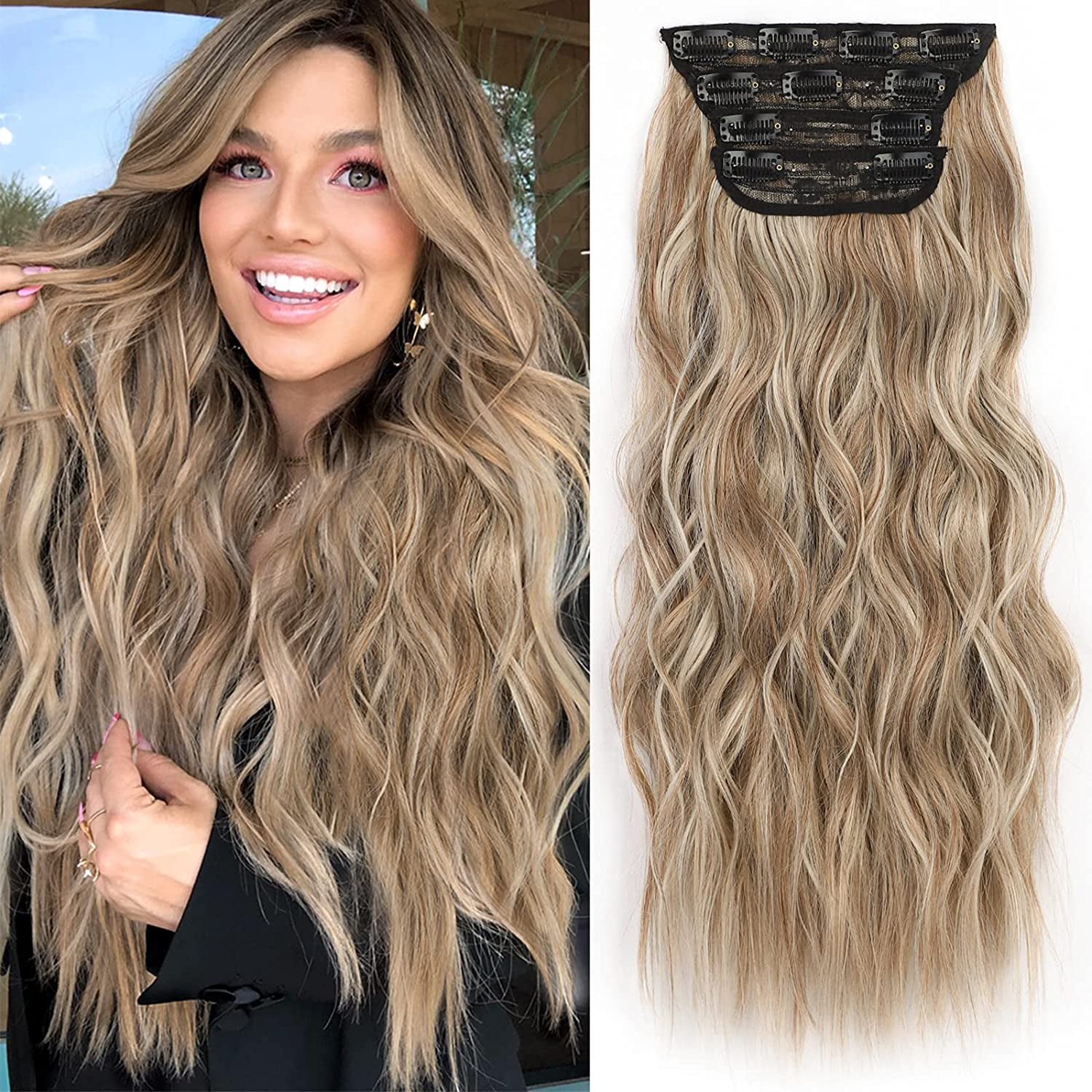 Clip in Long Wavy Synthetic Hair Extension 24 Inch Light Brown Mixed ...