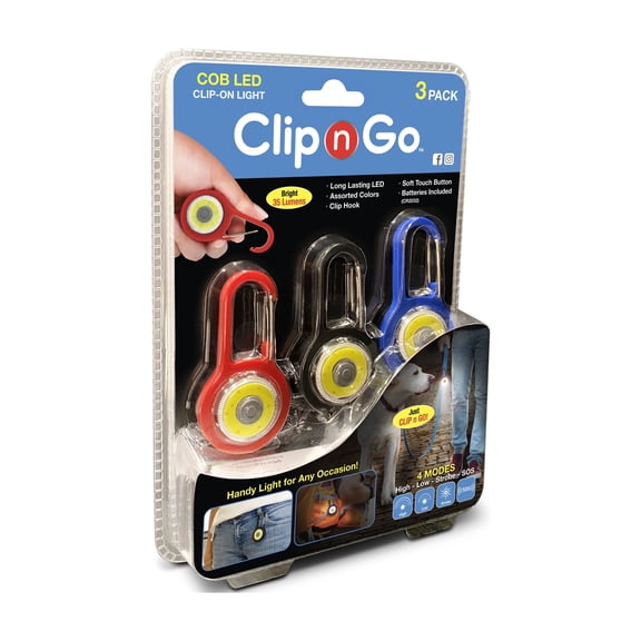 Clip n Go COB LED 3-Pack Pocket Light with Clip Hook, 4 Light Modes, Batteries Included. Great for Camping, Emergency, Hiking, Dog Walking & Everyday Carry