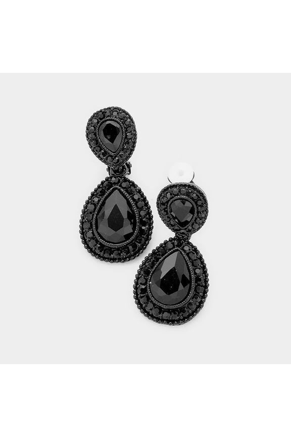Clip on 1 1/2" black stone dangling double teardrop earrings