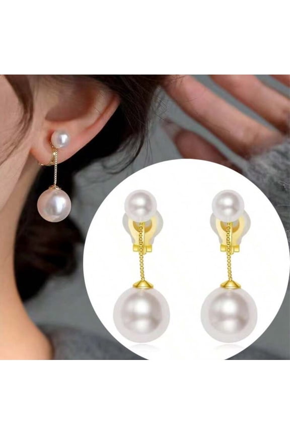 Clip on 1 1/2" gold chain double white pearl dangle earrings