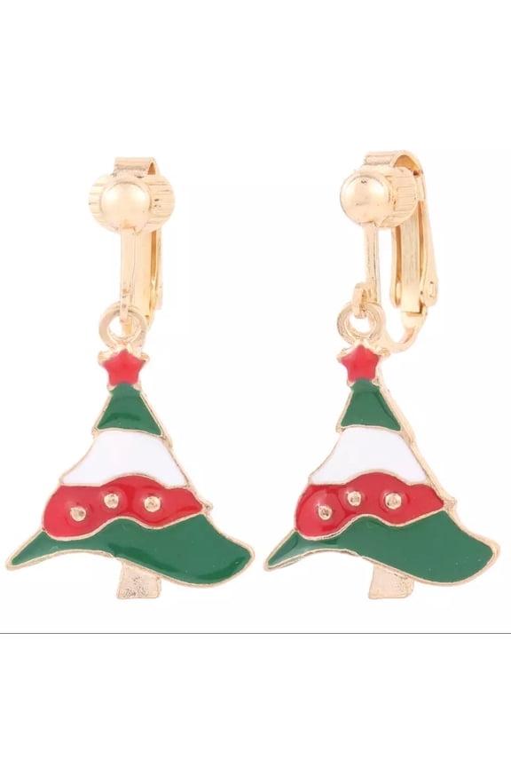 Clip on 1 1/2" gold, green, red and white dangle Christmas Tree earrings