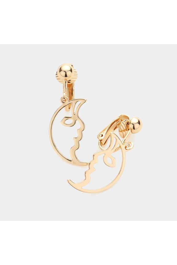 Clip on 1 1/2" gold lightweight cutout half moon face dangle earrings
