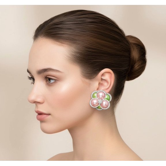 Clip on 1 1/2" large silver, pink and green flower button style earrings