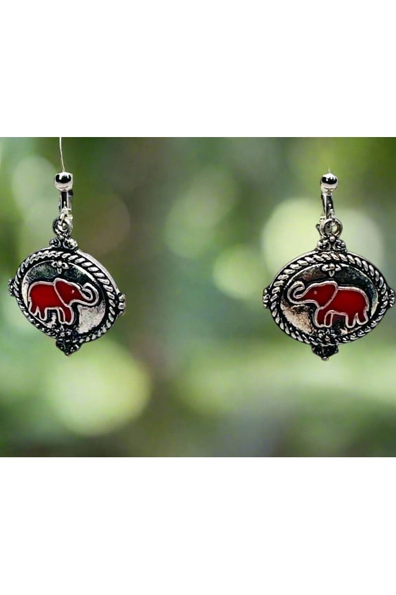 Clip on 1 1/2" silver and red elephant dangle earrings