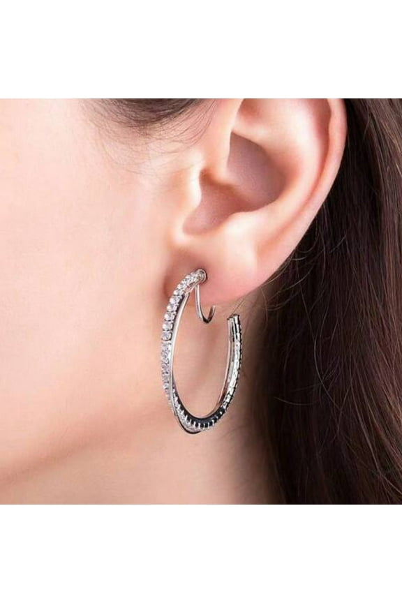 Clip on 1 1/2" silver clear stone and wire hoop earrings