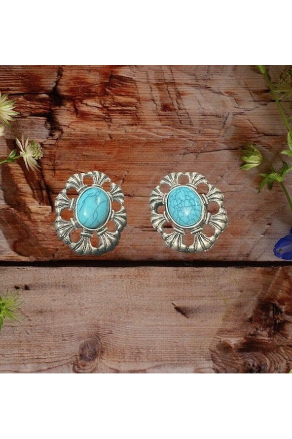 Clip on 1 1/2" silver cutout edge turquoise stone button style earrings