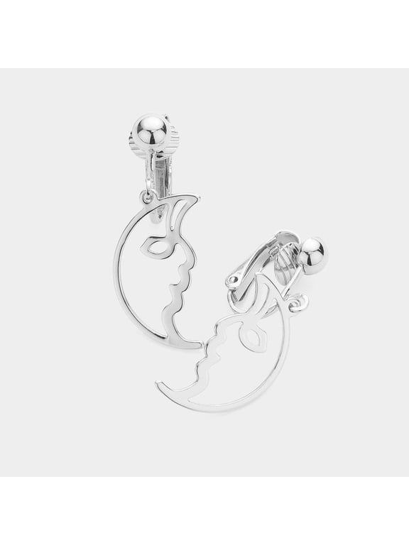 Clip on 1 1/2" silver lightweight cutout half moon face dangle earrings