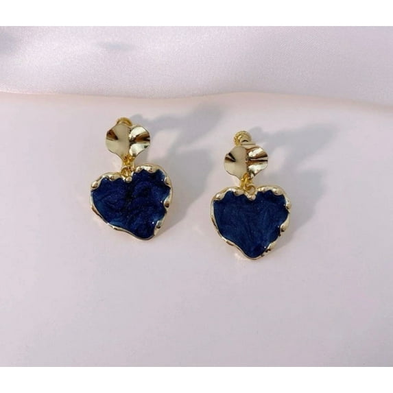 Clip on 1 1/4" bent gold and blue dangle heart screw back earrings
