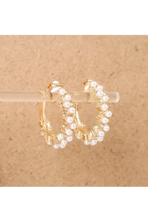 Clip on 1 1/4" gold and pearl cluster hoop earrings with clear stones