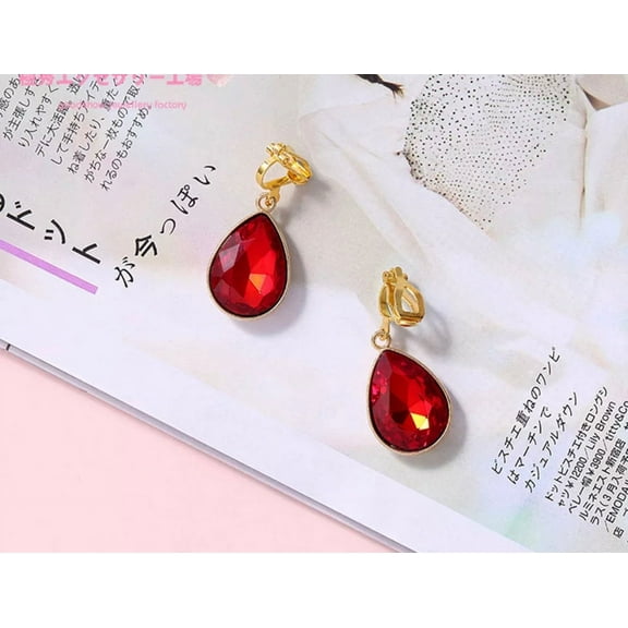 Clip on 1 1/4" gold and red stone dangle teardrop earrings