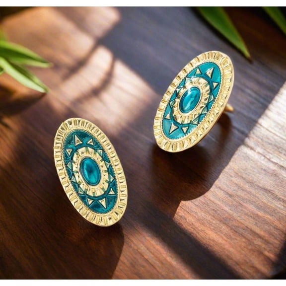 Clip on 1 1/4" gold and turquoise print skinny oval button style earrings