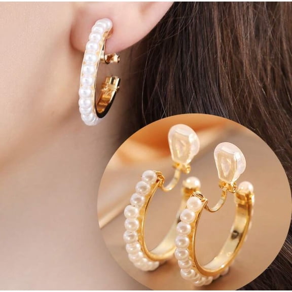 Clip on 1 1/4" gold and white pearl hoop earrings