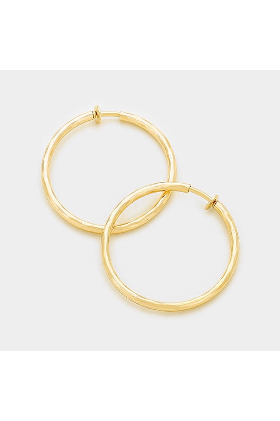 Clip on 1 1/4 gold hammered spring back hoop earrings