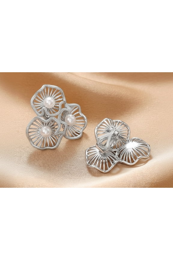 Clip on 1 1/4" silver flower cluster and pearl button style earrings