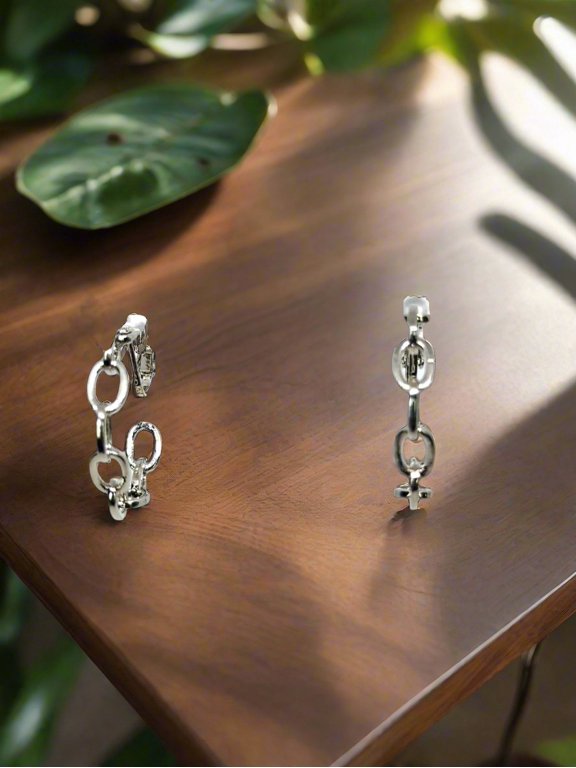 Clip on 1 1/4" silver loose chain open back hoop screw back earrings