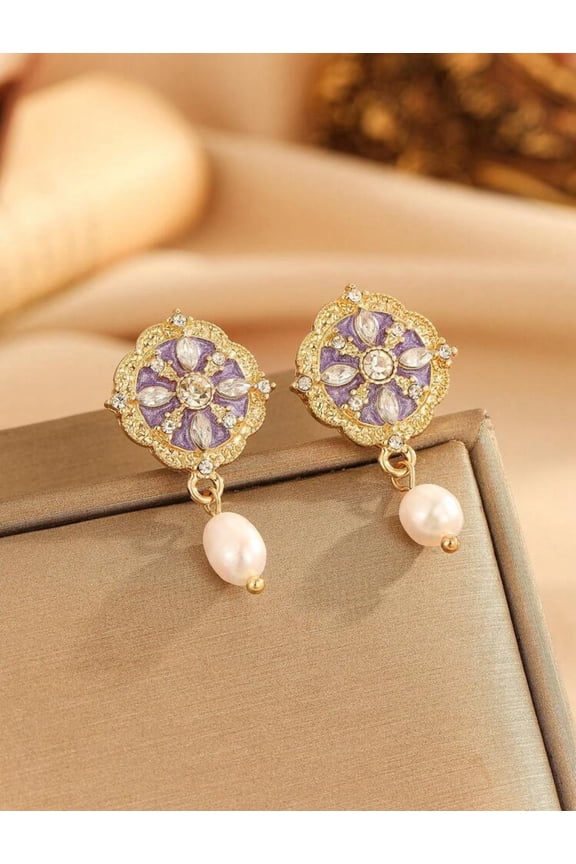 Clip on 1 1/4" vintage gold, purple and clear stone earrings w/pearl