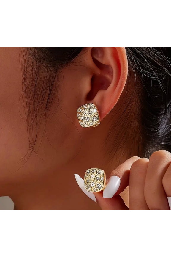 Clip on 1/2" gold textured square earrings with clear stones