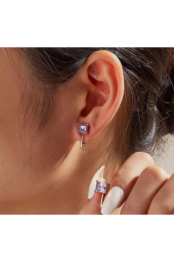 Clip on 1/2" small gold and square purple stone earrings