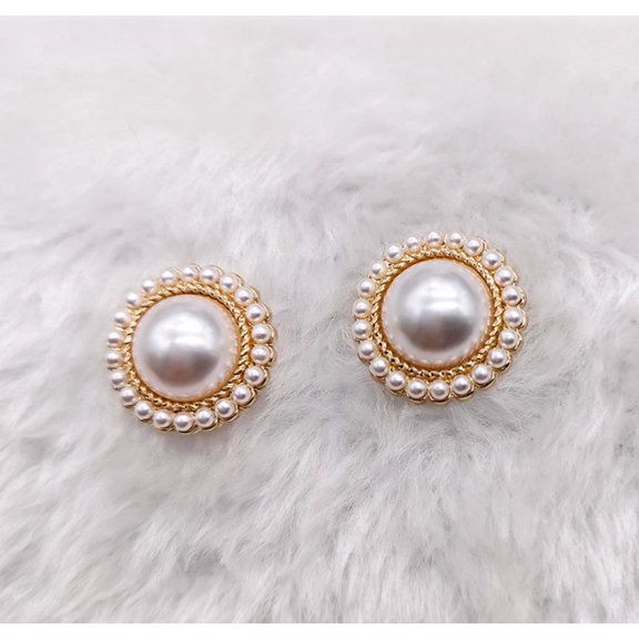 Clip on 1/2" small gold and white pearl edge button style earrings