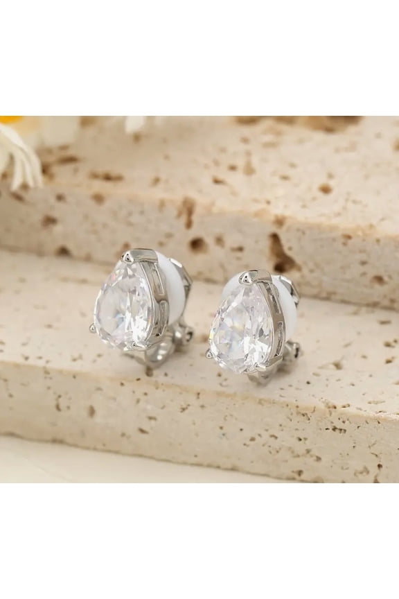 Clip on 1/2" small silver and clear stone button style teardrop earrings