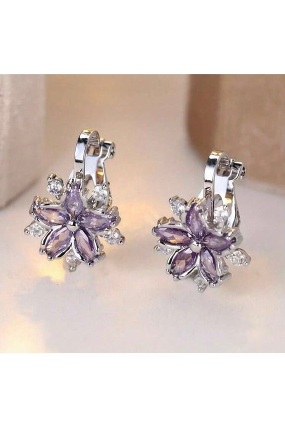 Clip on 1/2" small silver purple and clear stone flower earrings