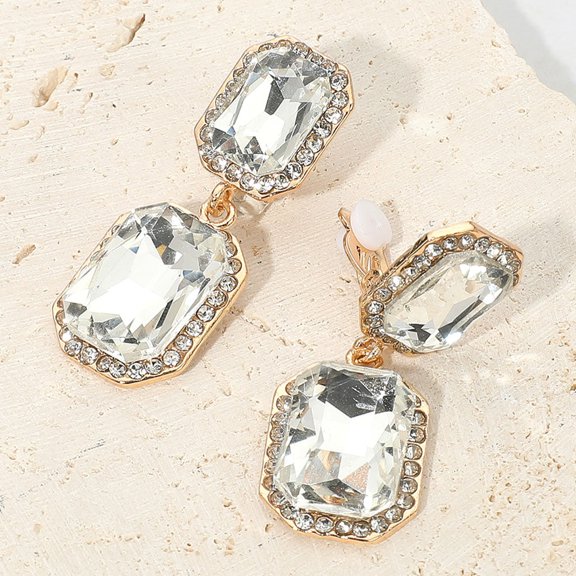 Clip on 1 3/4" gold and clear square stone dangle earrings