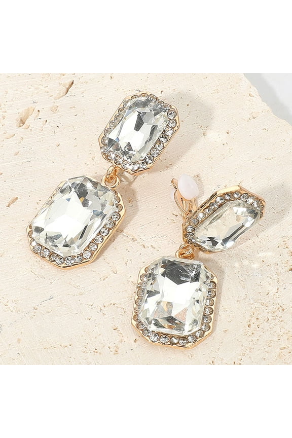 Clip on 1 3/4" gold and clear square stone dangle earrings