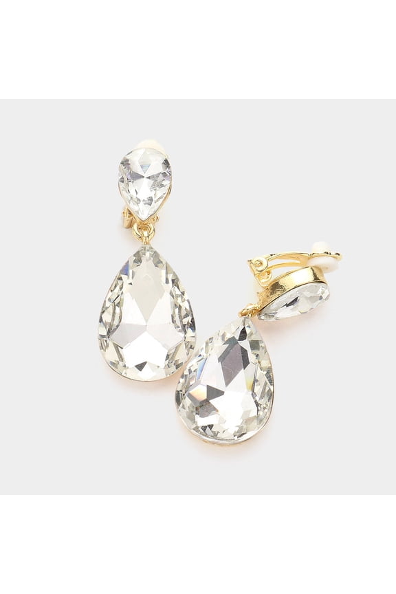 Clip on 1 3/4" gold and clear stone double teardrop dangle earrings