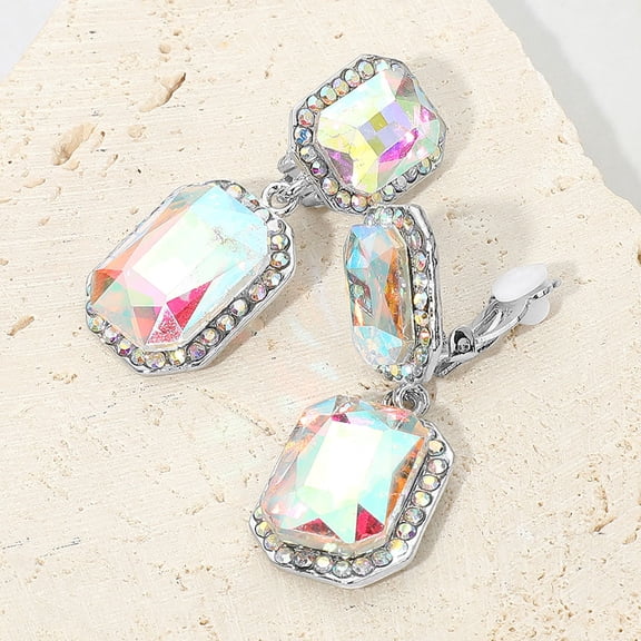 Clip on 1 3/4" gold and pink iridescent square stone dangle earrings