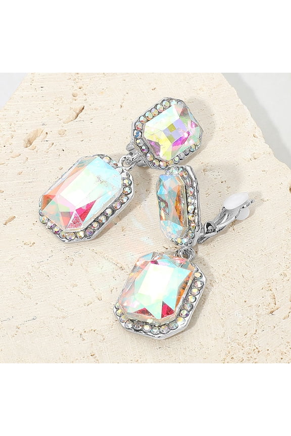 Clip on 1 3/4" gold and pink iridescent square stone dangle earrings