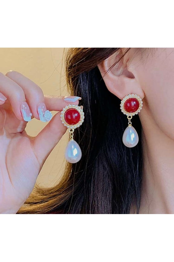 Clip on 1 3/4" gold, burgundy stone earrings with dangle pearl