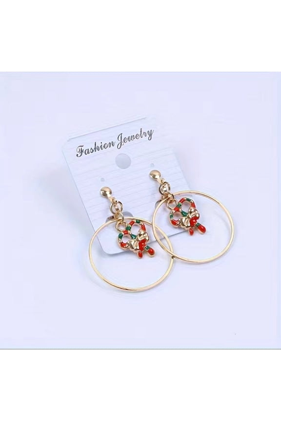 Clip on 1 3/4" gold dangle multi colored candy cane hoop earrings