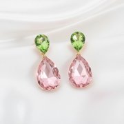 Clip on 1 3/4" gold, green and pink stone double teardrop dangle earrings
