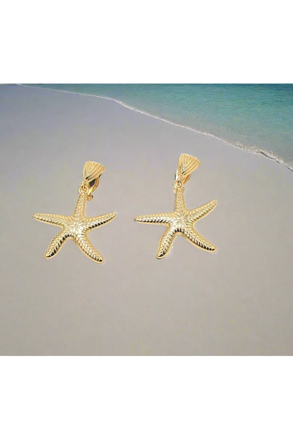 Clip on 1 3/4" gold textured dangle starfish earrings