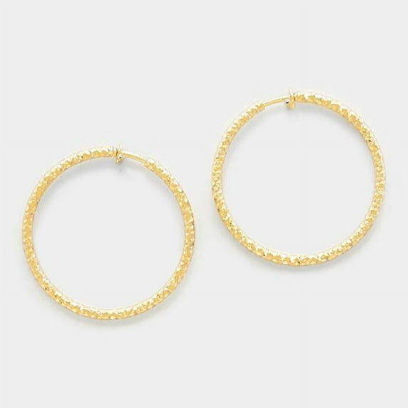 Clip on 1 3/4" gold textured spring back hoop earrings