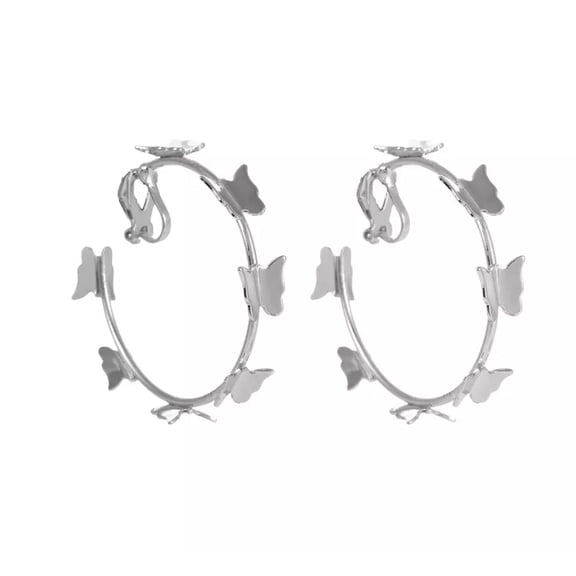 Clip on 1 3/4" large silver or gold open back butterfly hoop earrings