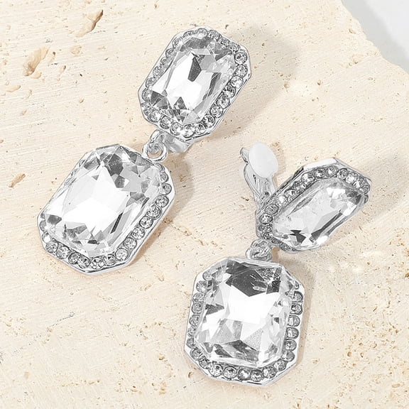 Clip on 1 3/4" silver and clear square stone dangle earrings