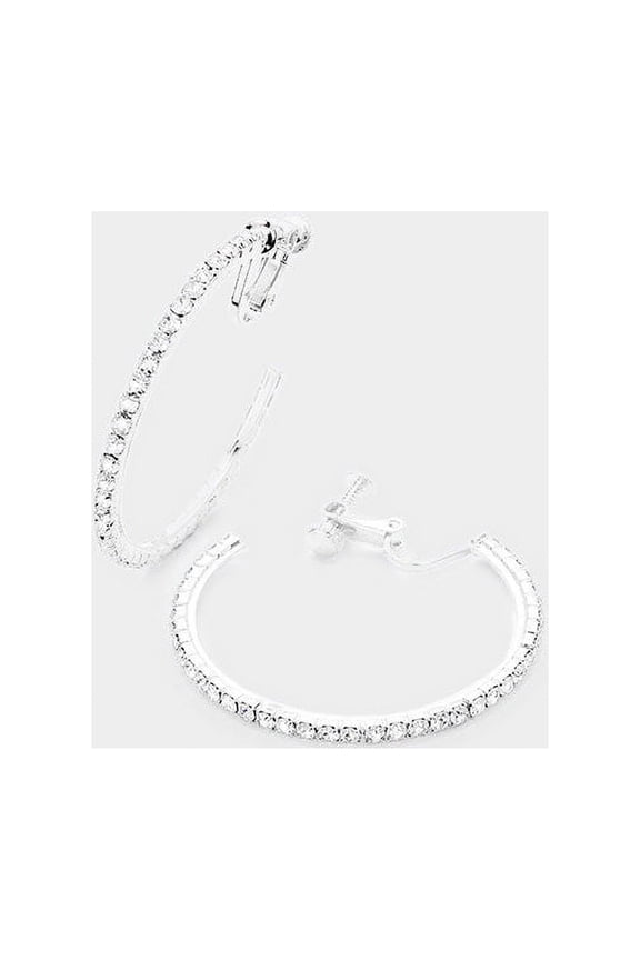 Clip on 1 3/4" silver clear stone open back hoop earrings