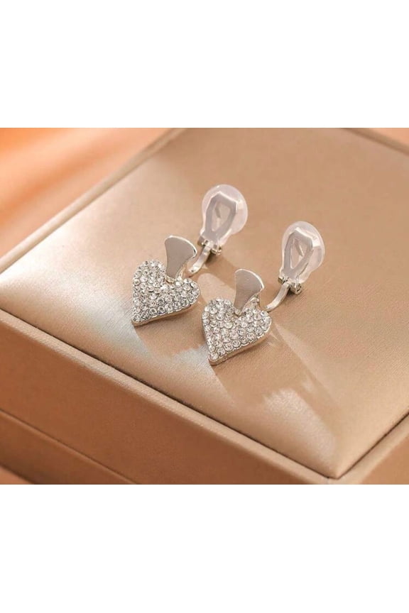 Clip on 1 3/4" silver top and clear stone dangle heart earrings