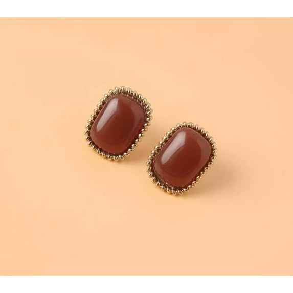Clip on 1" gold and brown square stone button style earrings