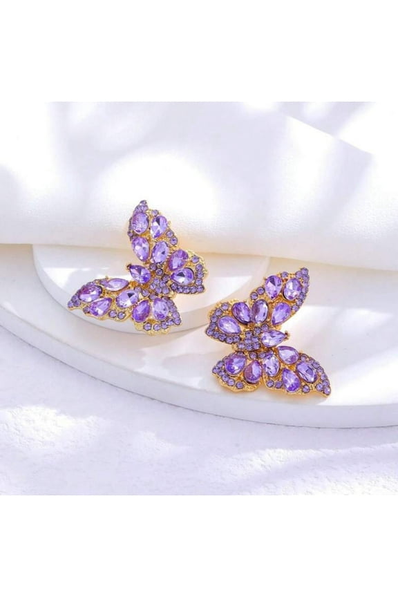Clip on 1" gold and purple stone butterfly button style earrings
