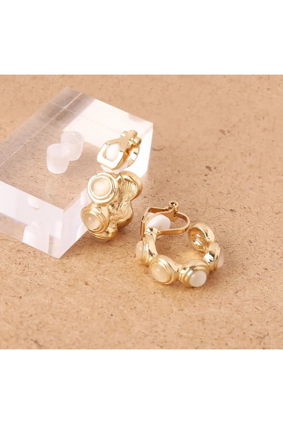 Clip on 1" gold and tan stone open back hoop earrings