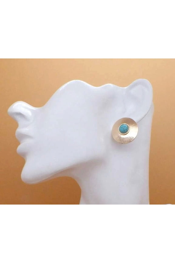 Clip on 1" gold and turquoise stone button style earrings