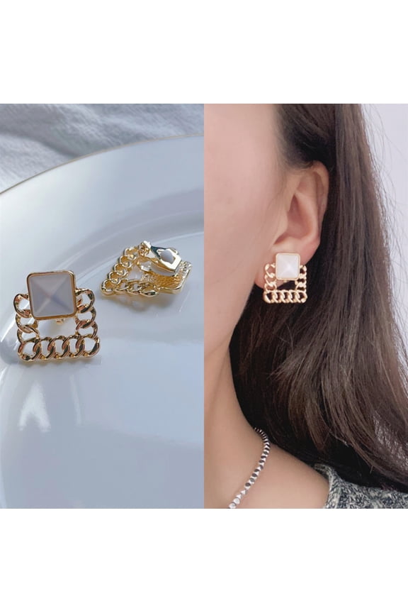 Clip on 1" gold and white stone square chain edge earrings