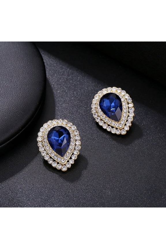 Clip on 1" gold, clear & blue stone teardrop earrings